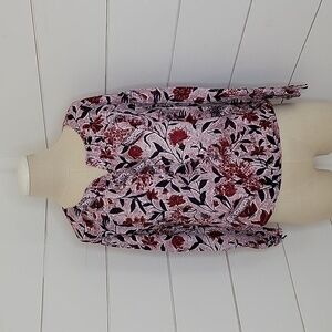 LUCKY BRAND xs burgundy blue white floral pullover blouse